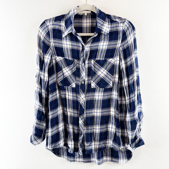 Laju Button Down Long Sleeve Plaid Flannel Shirt Top Blouse Blue Small - Picture 1 of 4